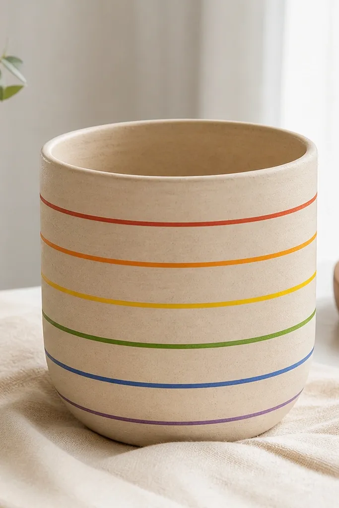A pot painted in a neutral light beige base with horizontal rainbow stripes in thin bands: red, orange, yellow, green, blue, purple; the rim matches the beige.