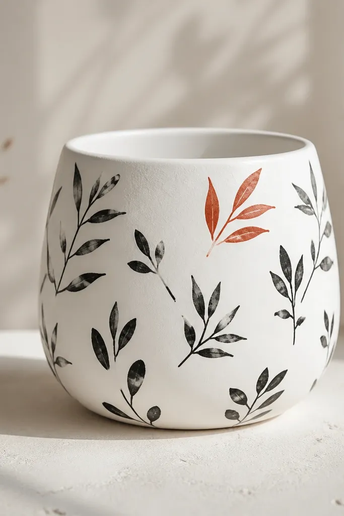A white pot covered with scattered ink-like leaf drawings in black, with a single accent leaf painted in bright terracotta-red near the top; rim is white.
