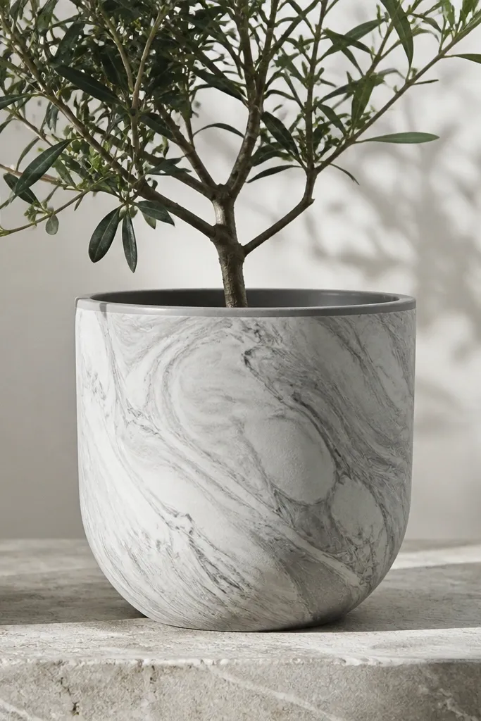 A pot with a pale gray and white base marbled effect, plus faint darker gray swirls and fine gray veins; the rim is painted matching gray and the finish is matte.