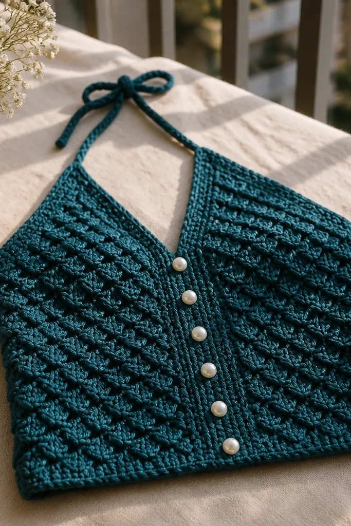 Crocodile-texture halter crochet top with small pearl buttons