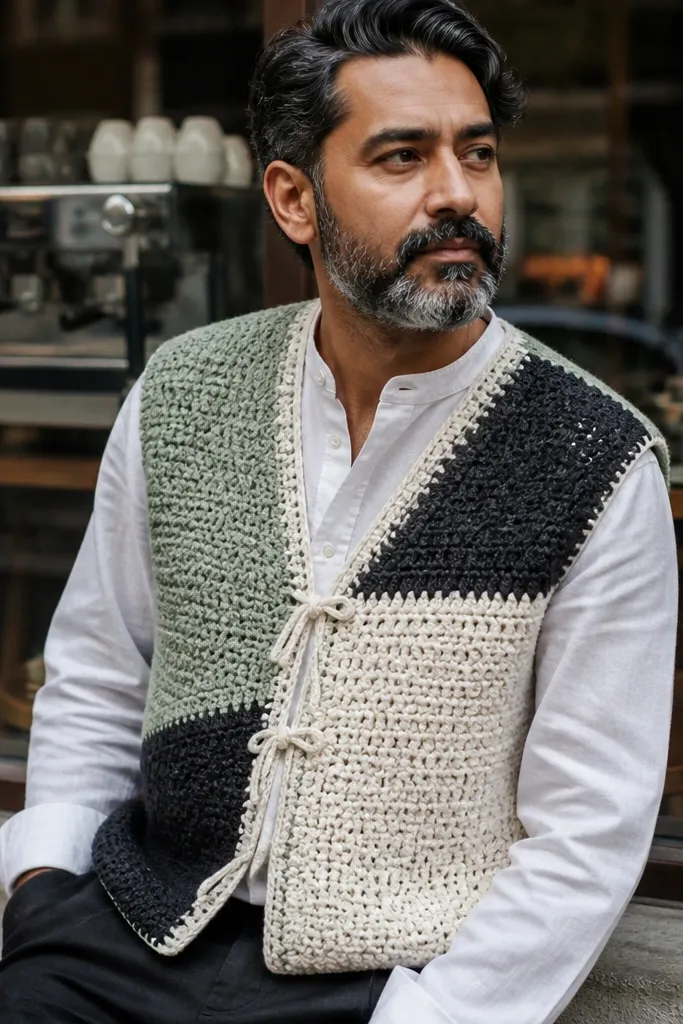 Color-block crochet vest with a V-neck and tie closures