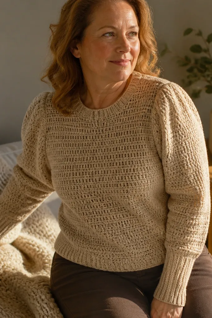 Long-sleeve crochet sweater top with puffed shoulders and ribbed cuffs