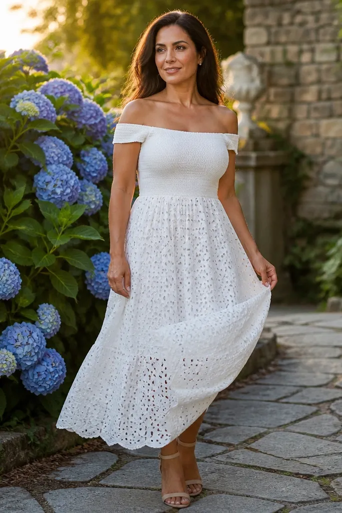 Off-shoulder crochet eyelet dress with a fitted bodice