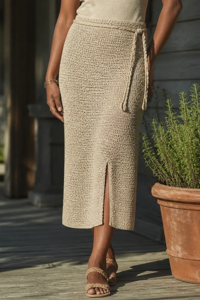 Midi crochet wrap skirt with a side slit and braided waist tie