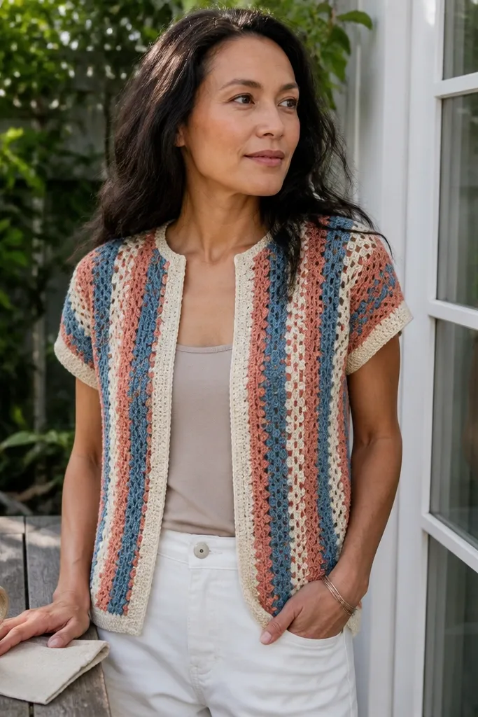 Short-sleeve crochet cardigan made from granny-stripe panels