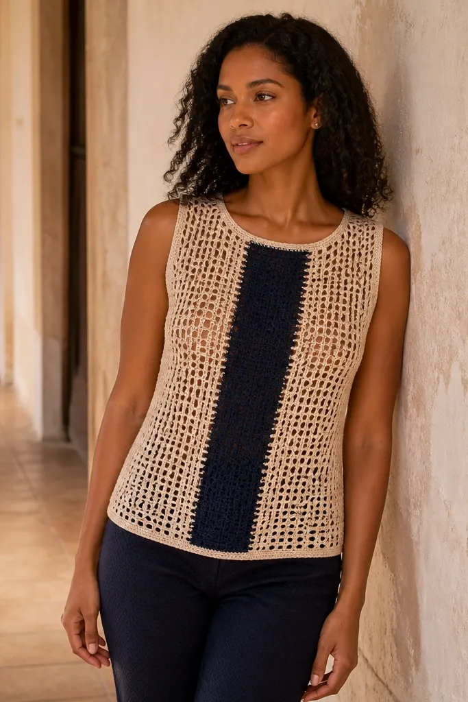 Crochet top with mesh side panels and a solid center stripe