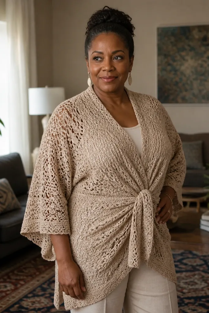 Crochet kimono wrap with wide sleeves and a draped front