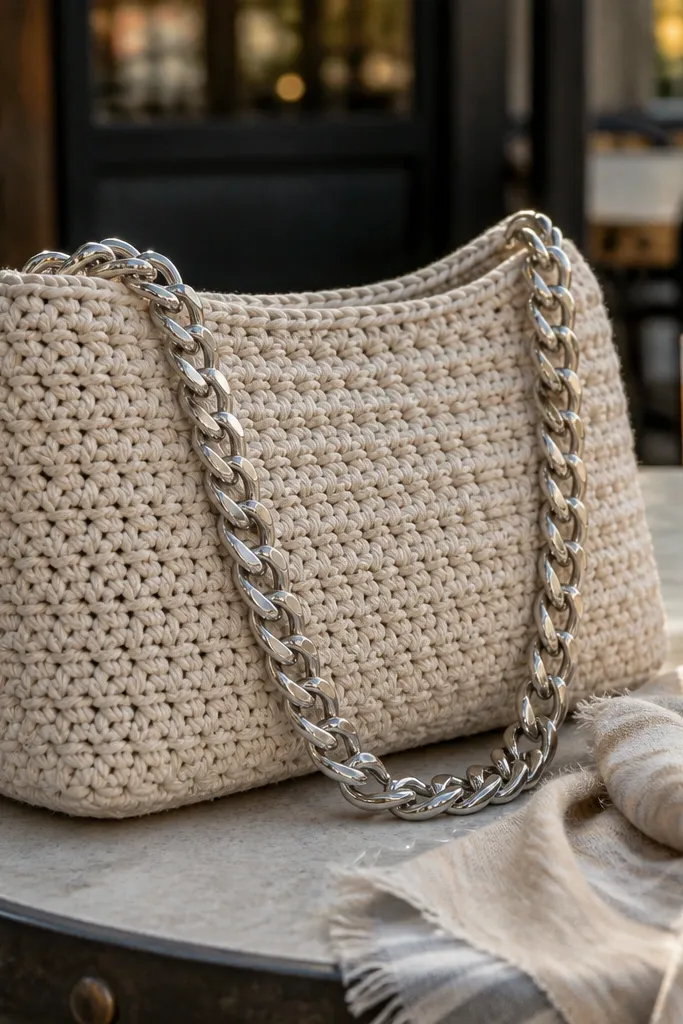 Crochet shoulder bag with a chain-link handle and clean top edge