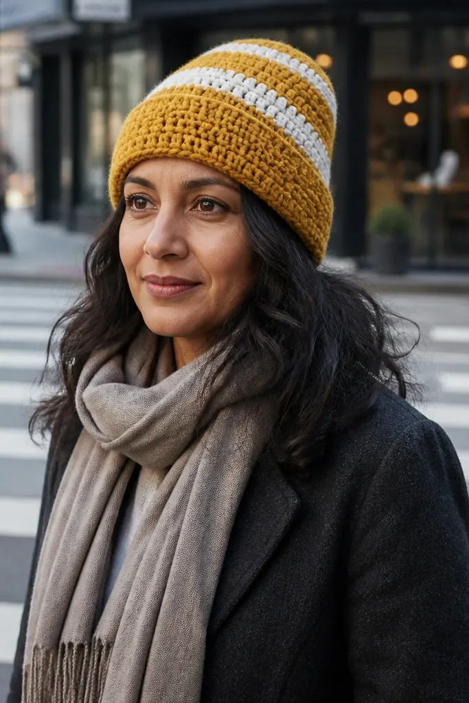 Two-tone slouchy crochet beanie with a neat turn-up cuff
