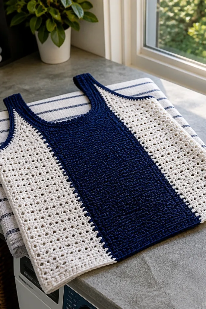 Black and rust crochet tank with a contrasting color-block front panel