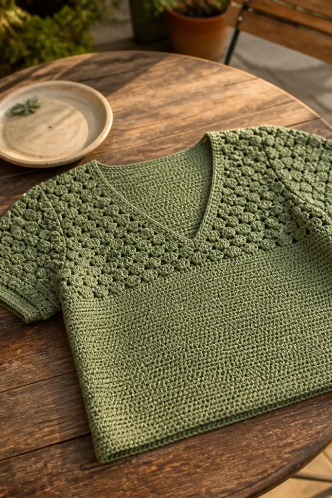 Ivory V-neck crochet top with puff stitch yoke and smooth body
