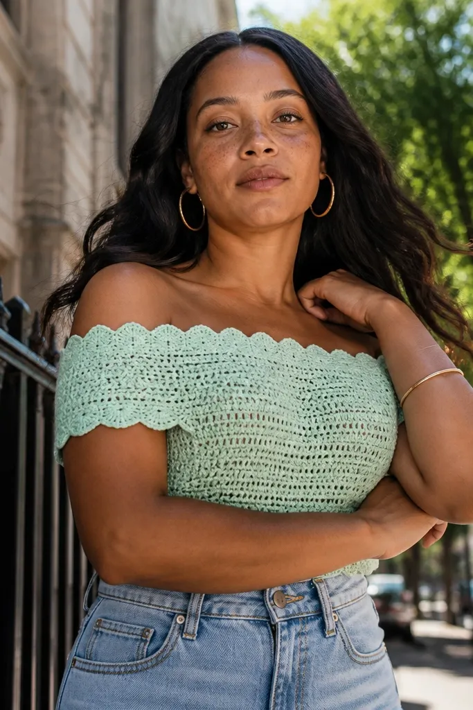 White off-shoulder crochet top with scalloped edges along the neckline