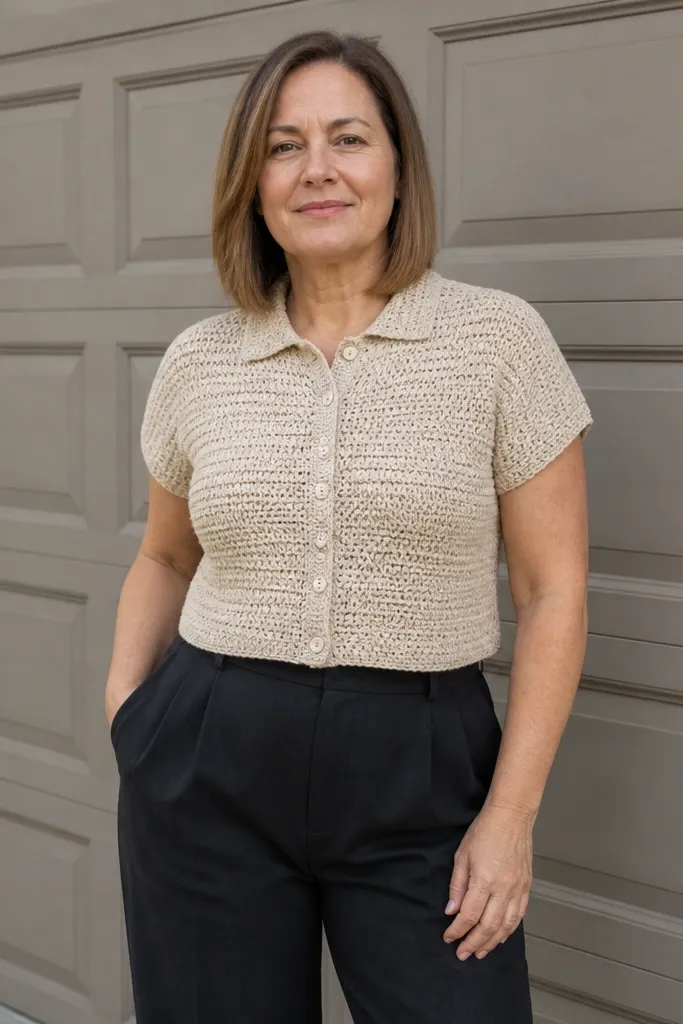 Beige cropped crochet top with a short button placket and ribbed collar