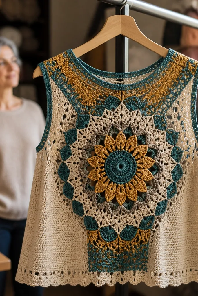 Multi-color crochet yoke with solid side panels and a neat round neckline
