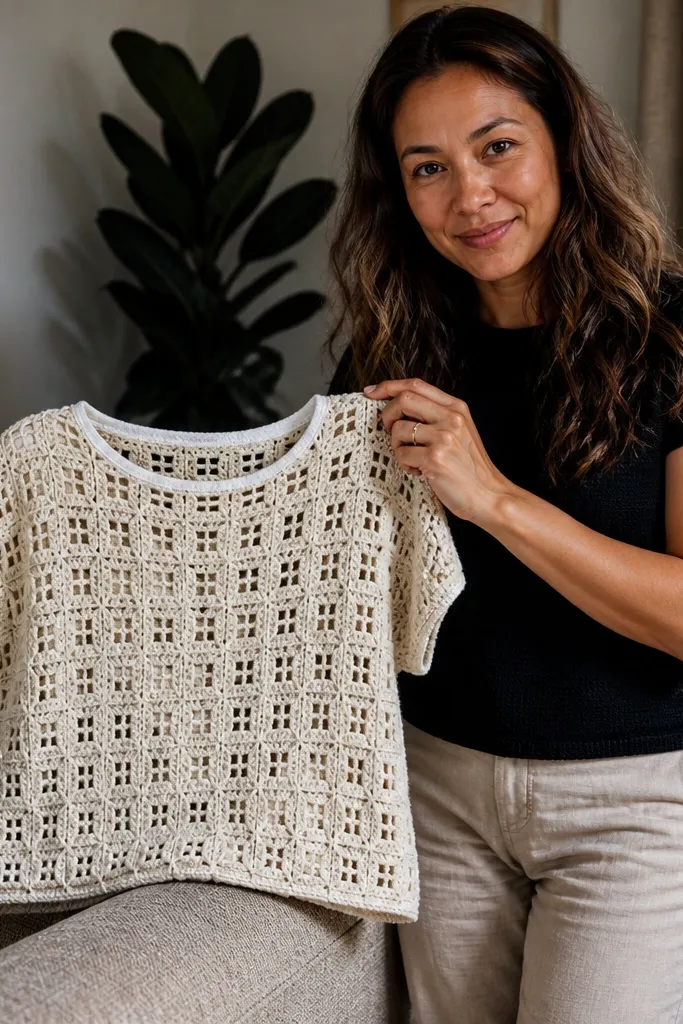 Black mesh crochet top with a structured neckline band and clean armhole edges