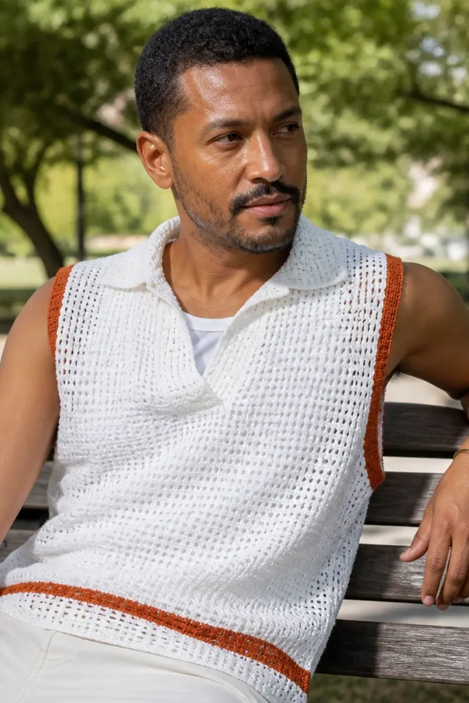 Navy sleeveless crochet top with contrast stripe bands and a short collar