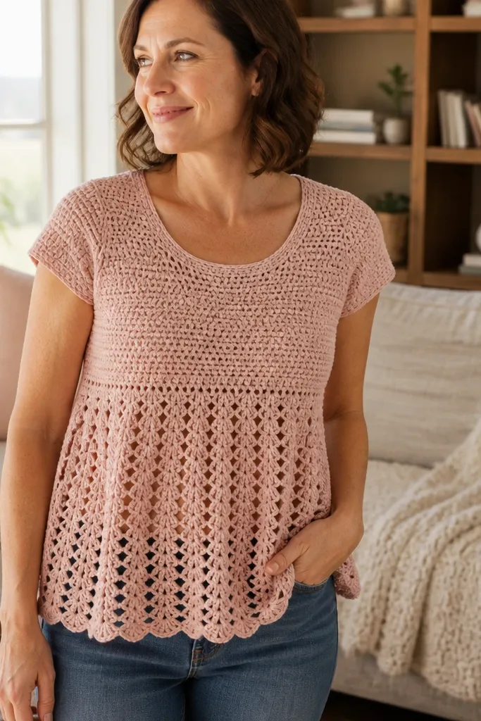 Blush babydoll crochet top with an empire waist seam and airy skirt