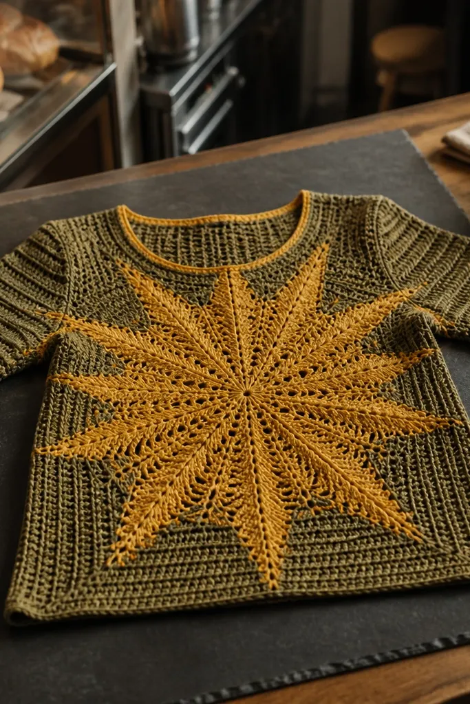 Mustard crochet top with sunburst stitch radiating from a center star