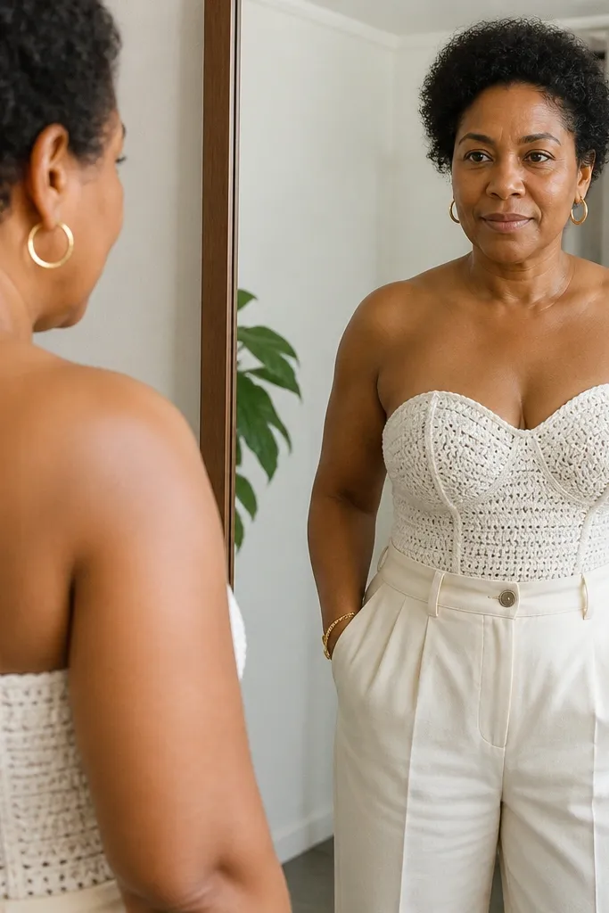Ivory strapless sweetheart crochet top with structured edges and inner boning channels
