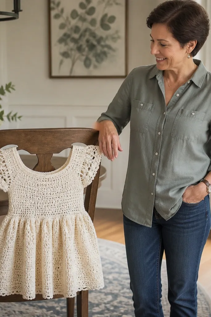 Rose babydoll crochet top with lace sleeve caps and a gathered neckline