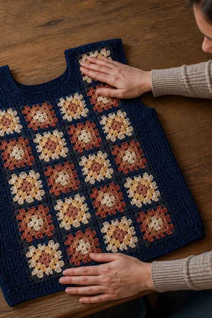 Multi-color square-motif crochet top with a solid border and neat neckline