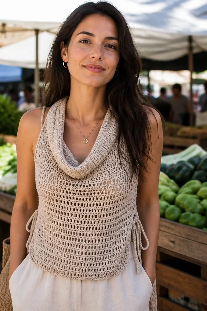 Teal cowl-neck crochet top with wrap tie side details and ribbed edges