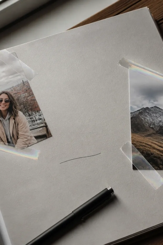 page framed with diagonal tape strips in two corners
