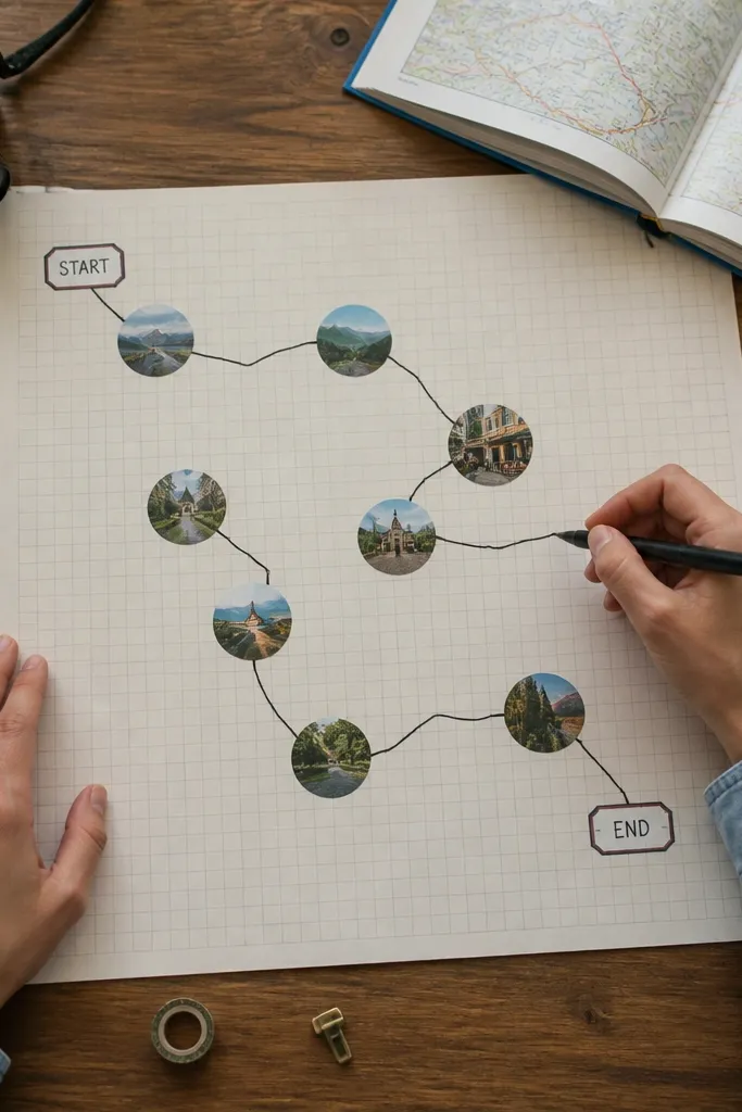 A route-like line connecting small dots over a clean grid background