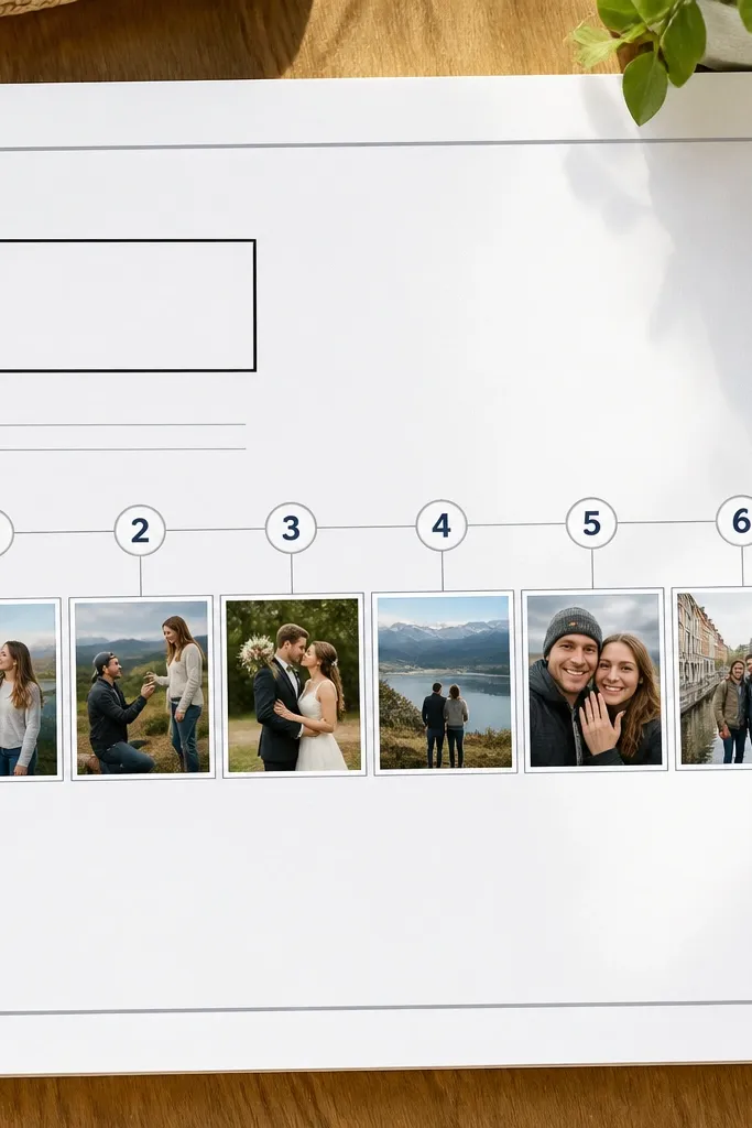 Horizontal timeline strip with numbered thumbnails and a date heading