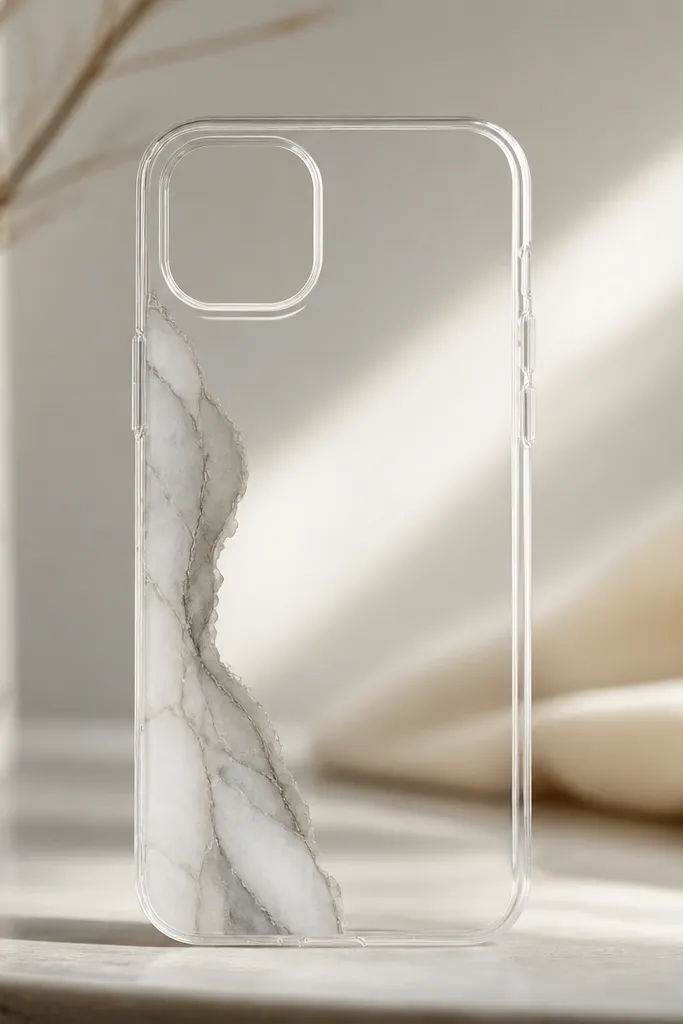 A clear phone case with a single soft grey-white marble vein running only along the left edge, with a glossy resin top and clean negative space on the rest of the case.
