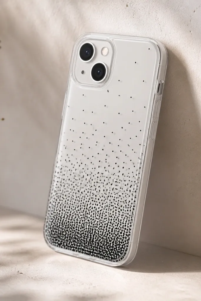 A clear case with tiny black dots that fade from dense at the bottom corner to sparse near the top, all under a glossy resin dome.