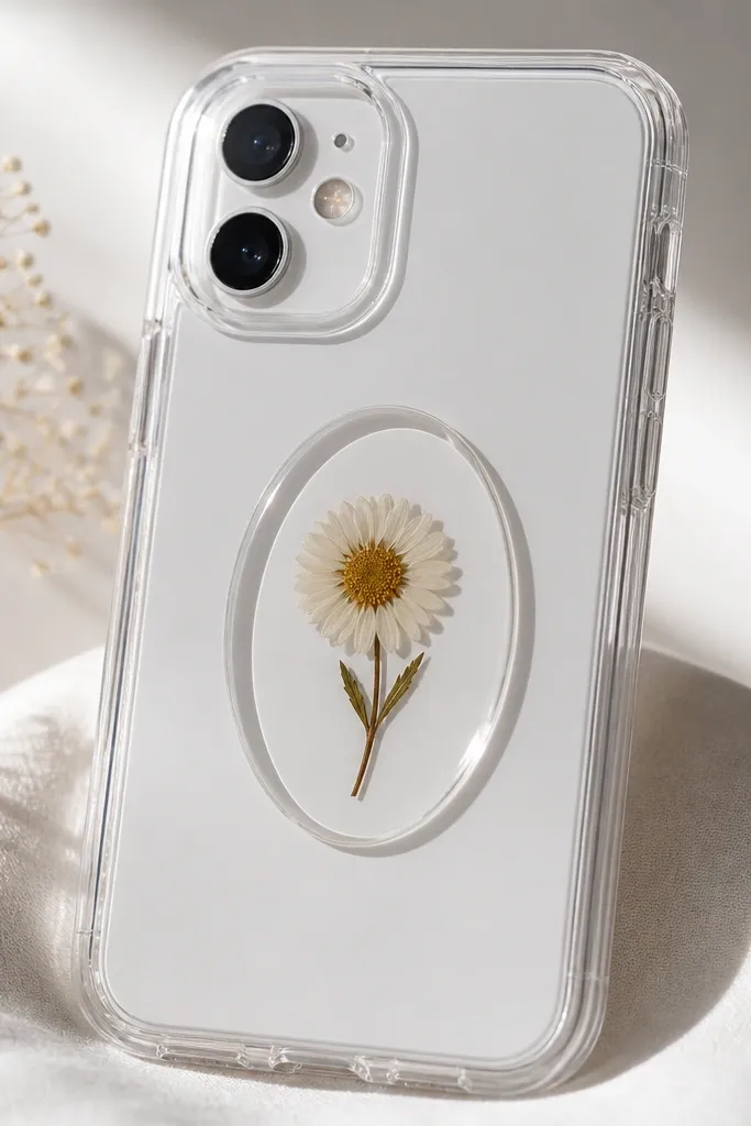 A clear case with a tiny dried daisy-like flower pressed flat inside a smooth oval resin window in the center, surrounded by clear negative space.