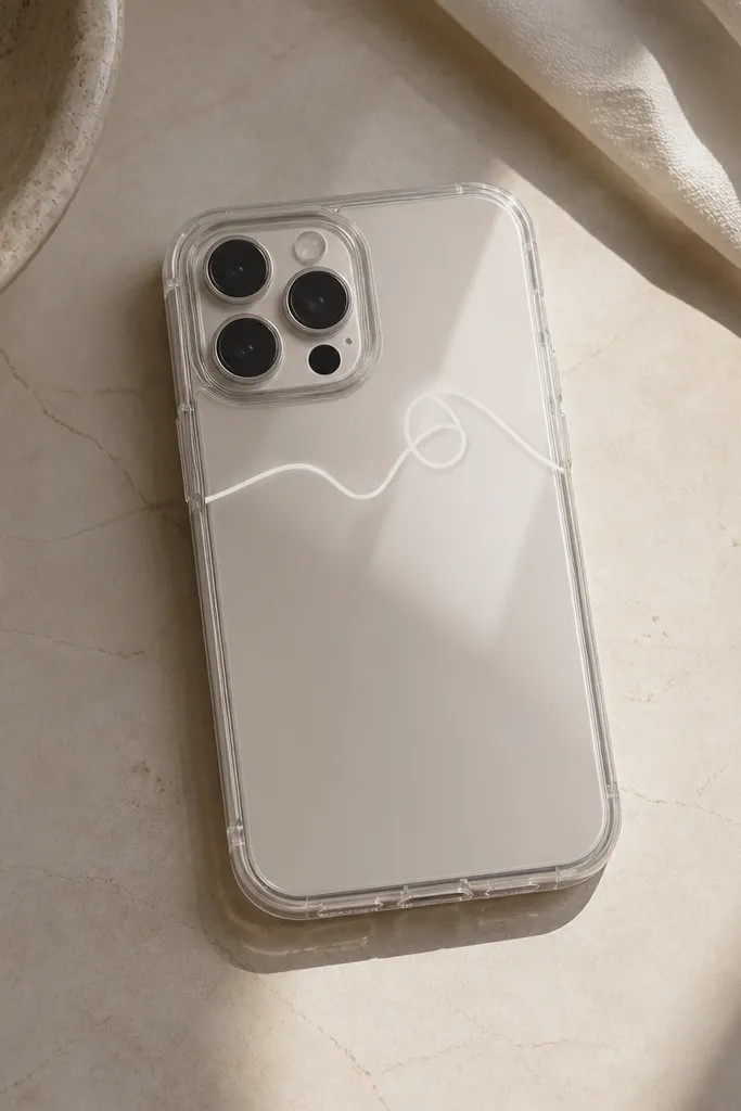 A clear case with a single continuous white line curving across the top third, like modern line art, under a smooth glossy coat.
