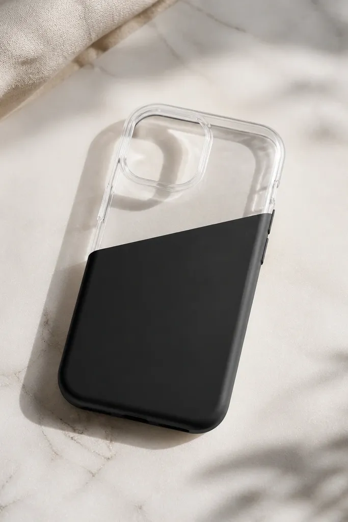 A case split diagonally: matte black resin on the bottom half and clear glossy resin on top, with a clean straight boundary line.