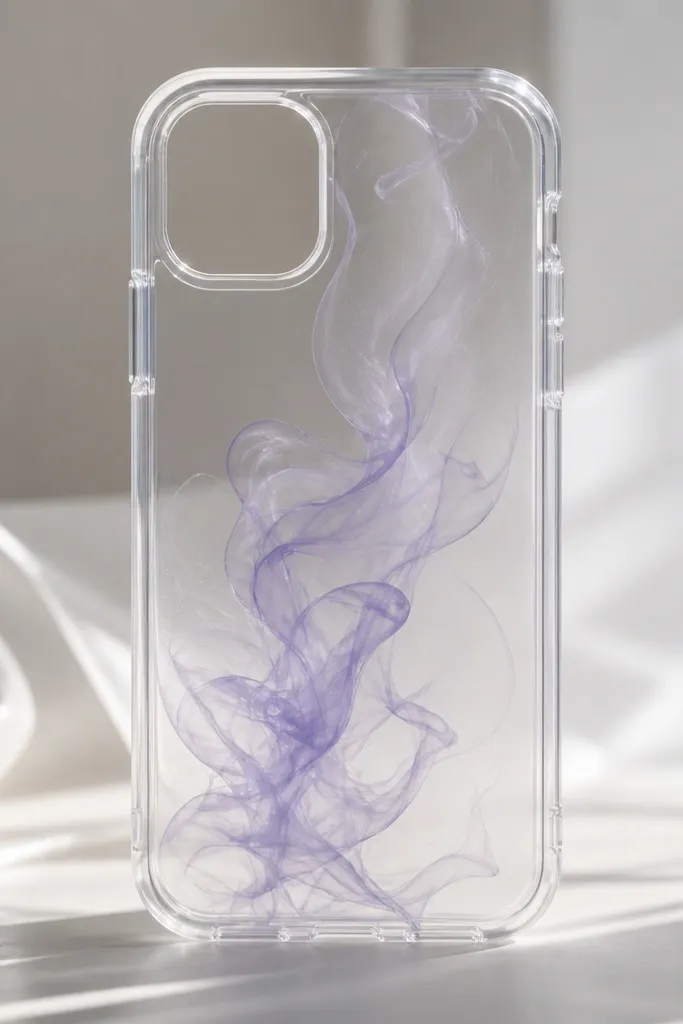 A clear case with a soft lilac translucent swirl centered, like smoke, with faint wisps and lots of clear space around it.