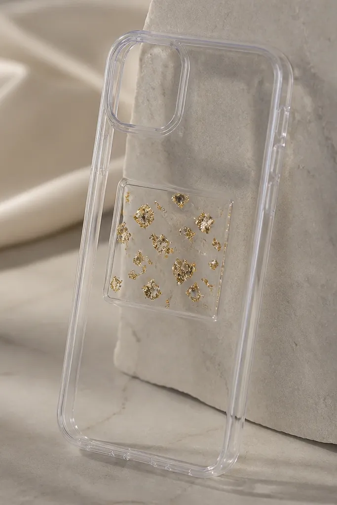 A case with a small clear square window in the center containing tiny gold leaf flecks, while the rest of the case stays completely clear.