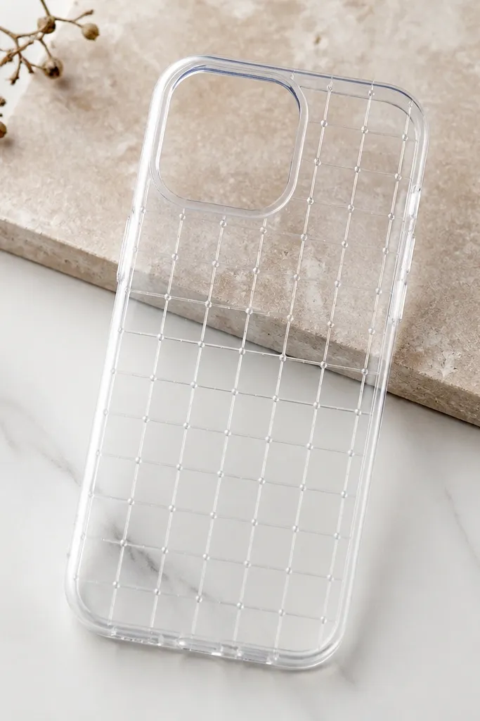 A clear case with a faint monochrome grey grid pattern in the background and small raised resin dots aligned along the grid lines.