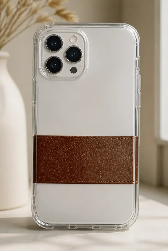 A clear case with a single horizontal brown strip that looks like leather grain, with a glossy top over the textured strip.