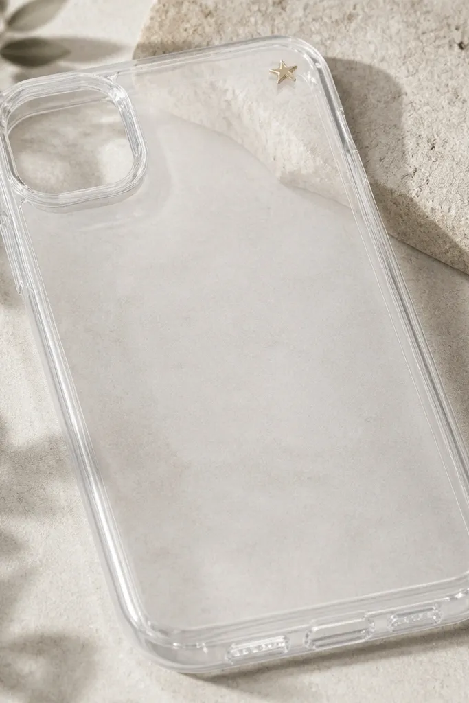 A clear case with a small star silhouette embedded in resin at the top-right corner, leaving the rest perfectly clear with no other decorations.