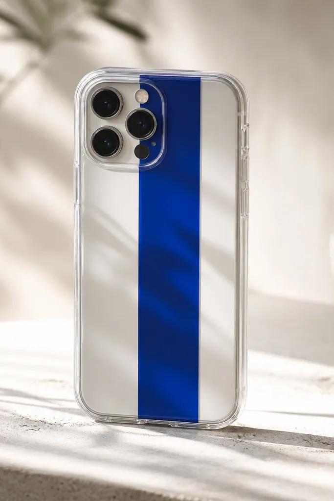 A clear case with a cobalt blue vertical band centered, with a crisp edge line and glossy finish that catches light.