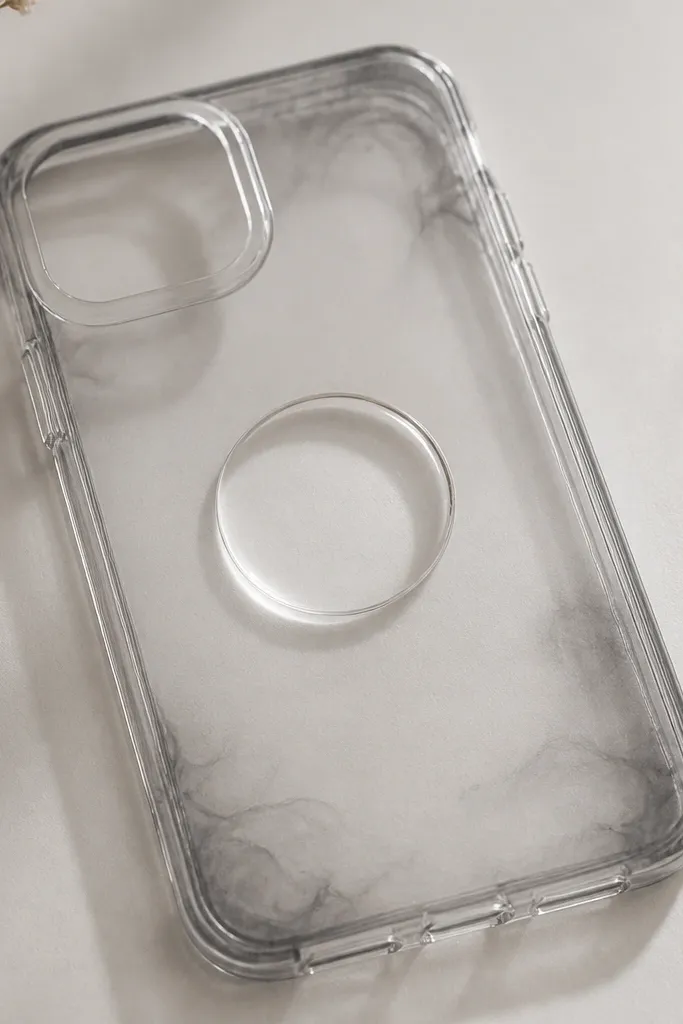 A clear case with a faint grey smoke wash near the edges and a single perfectly clear bubble-like resin dome in the center.