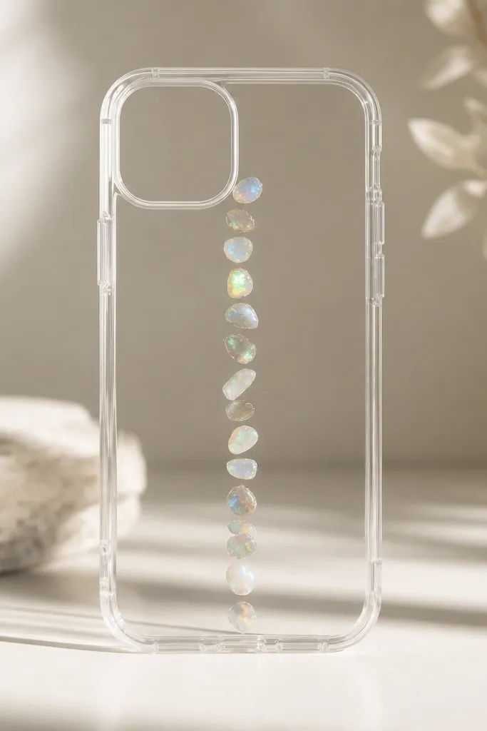 A clear case with small opal-like iridescent chips arranged in a thin vertical column down the center.