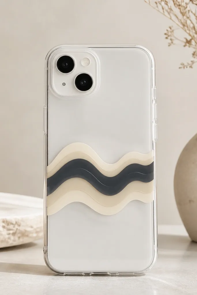 A clear case with a single wavy band across the middle, alternating cream and charcoal tones, sealed under glossy resin.