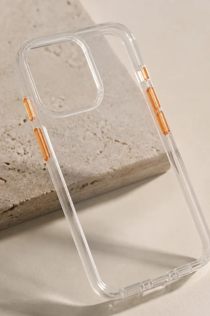 A clear case with a thin colored resin glow around the side buttons and mute switch cutouts, while the back stays clear.