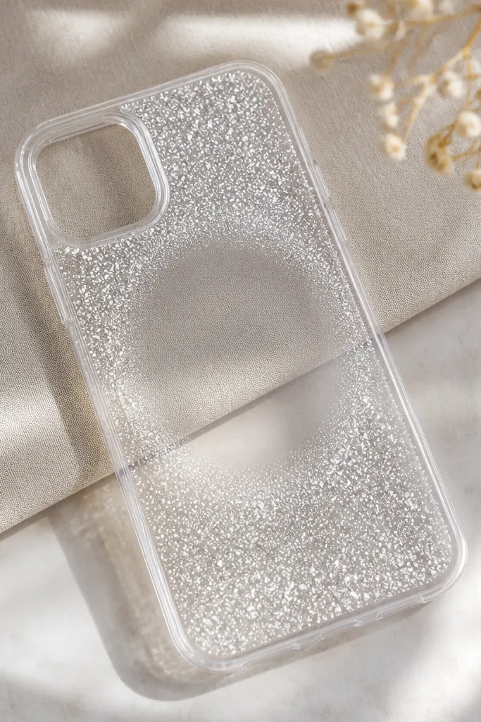 A clear case with chalky white speckles concentrated around the edges, leaving a clean clear circle in the center.
