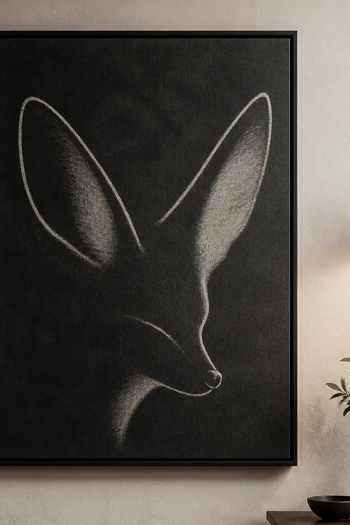 Bold charcoal fennec face with huge ear shapes and a clean white background.