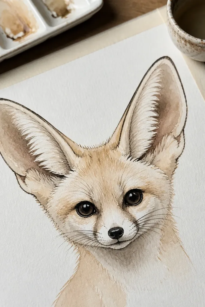 Warm sand watercolor base with sharp black ink outlines on a fennec fox face.