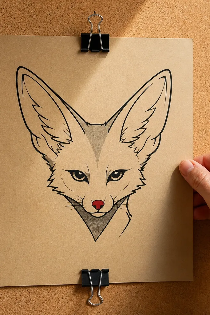 Minimal black line fennec with only two value areas and a small red nose accent.
