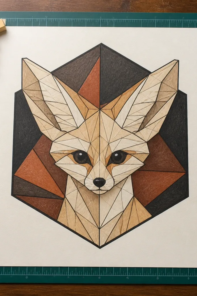 Fennec fox face built from triangles inside a hexagon border.