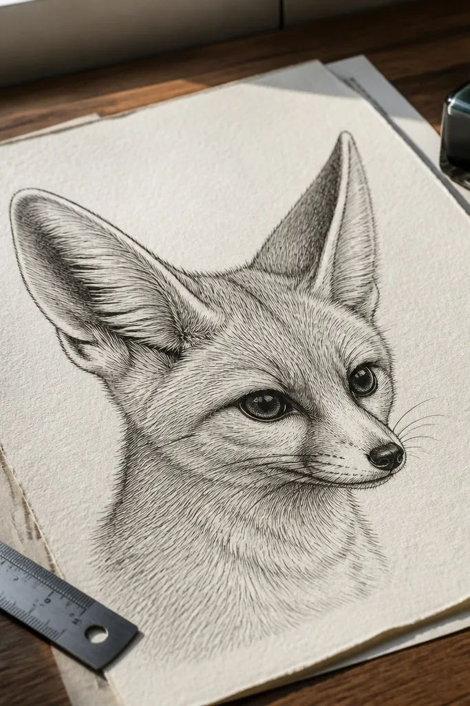 Black ink fur hatch lines arranged in directions across a fennec face.